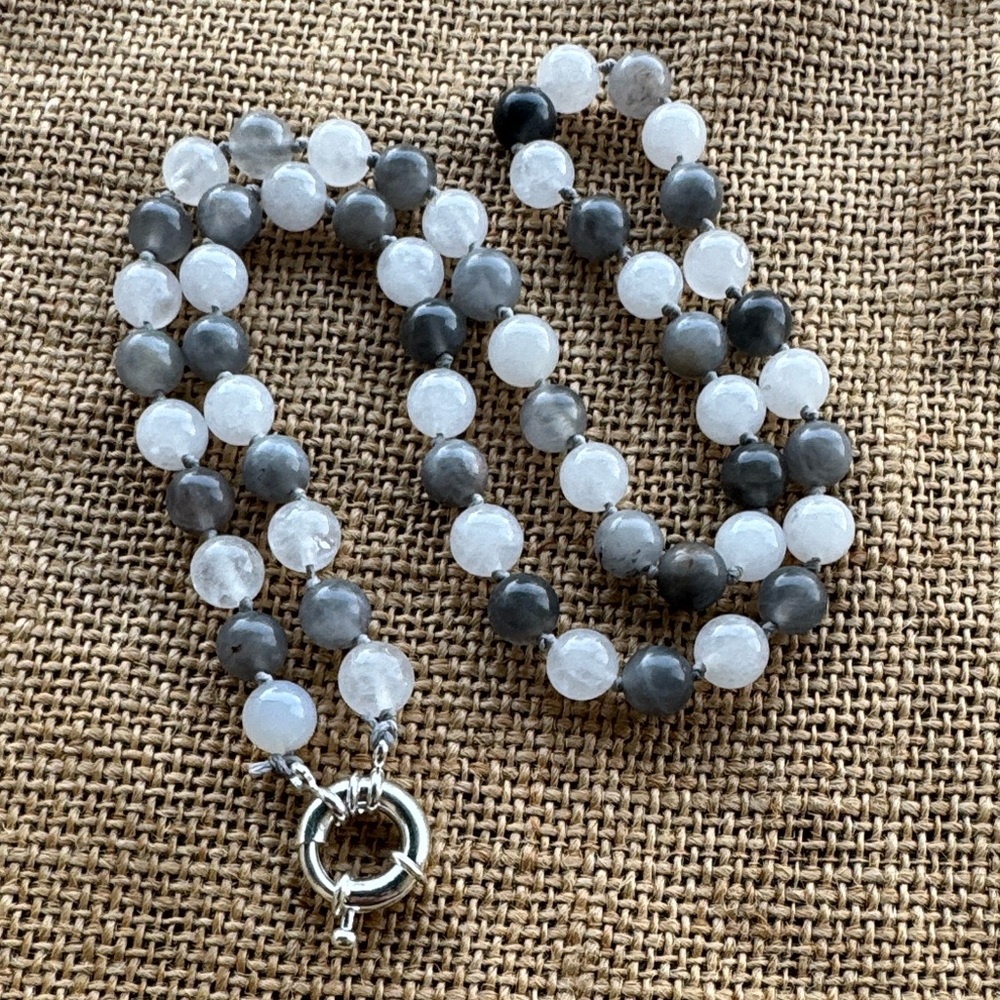 Moonstone & Clear Quarts knotted necklace handmade